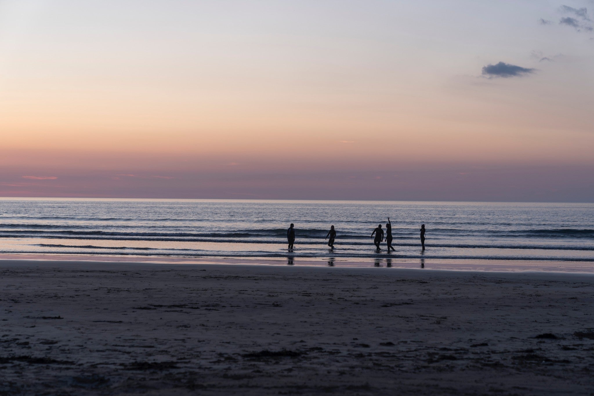 five people on the coastline at sunset