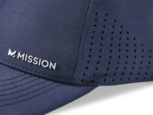 close up of Mission logo on ball cap